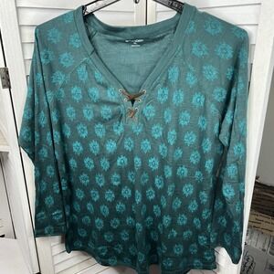 NorthCrest XL Lace Up Top Teal Aztec Print Long Sleeve Cotton Blend Womens‎